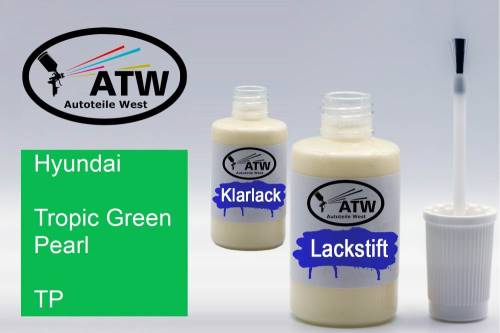 Hyundai, Tropic Green Pearl, TP: 20ml Lackstift + 20ml Klarlack - Set, von ATW Autoteile West.